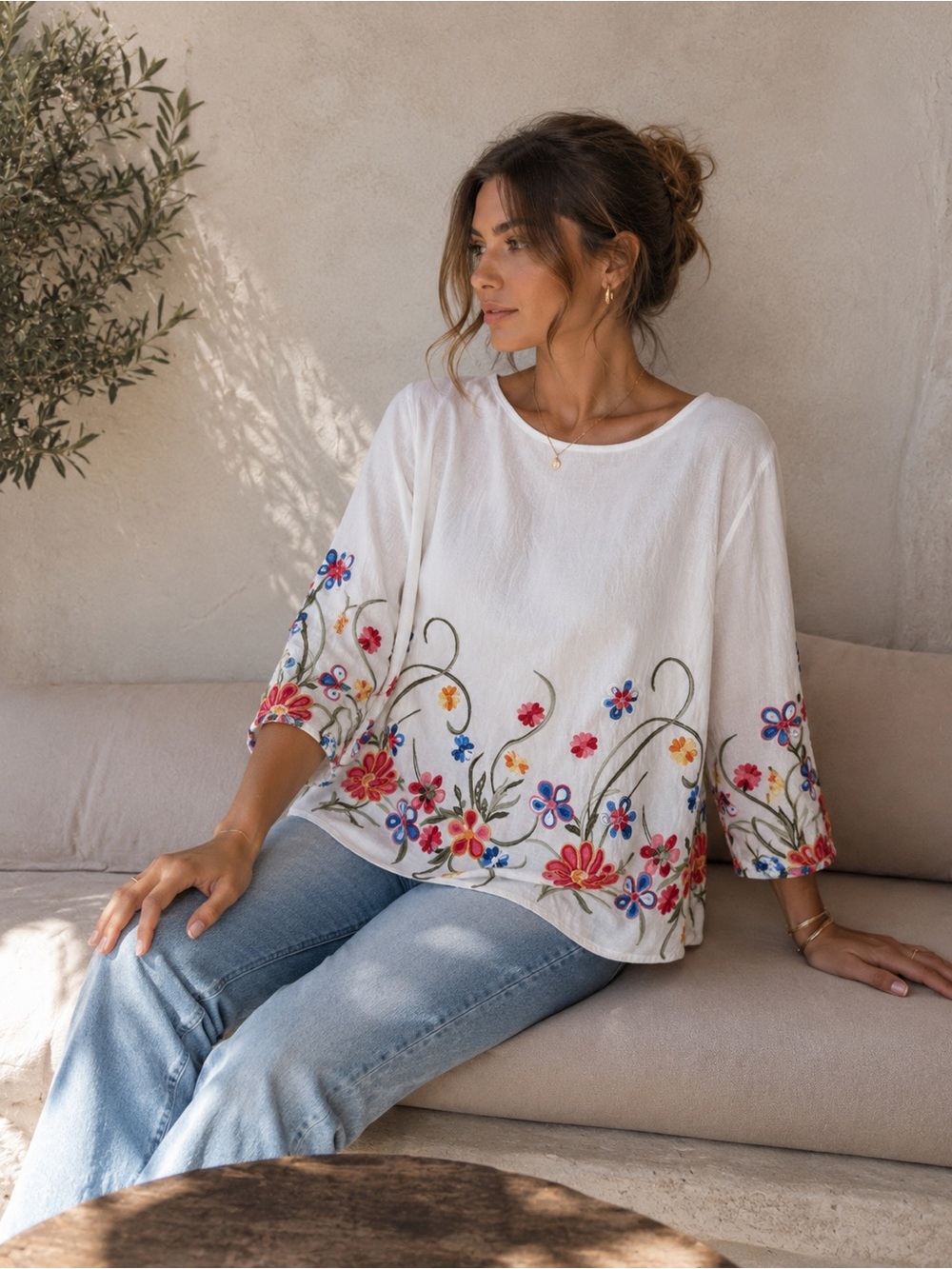 Boho Embroidered Floral Blouse White Peasant Top Cottagecore Oversized L